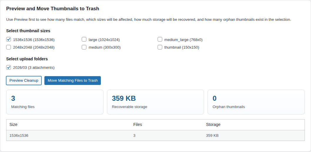 WordPress thumbnail preview cleanup screen