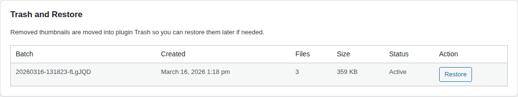 WordPress thumbnail trash and restore screen